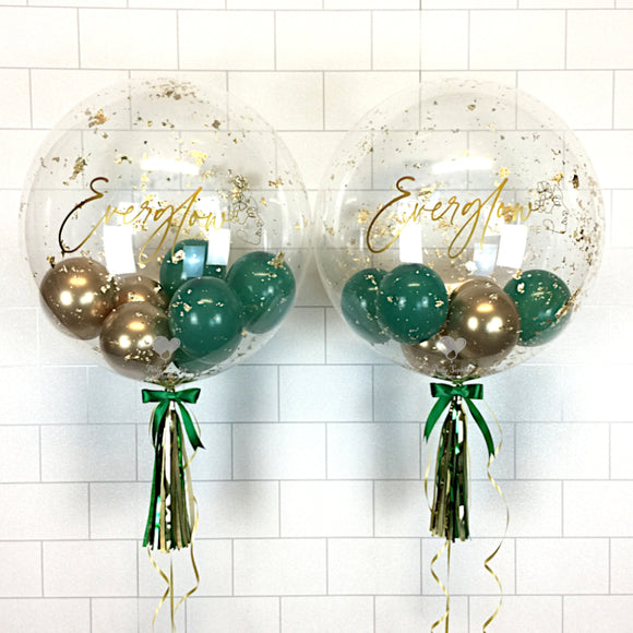 COLLECTION ONLY - 2 Clear Bubbles - Green & Gold Balloons - Gold Leaf - Gold Logo
