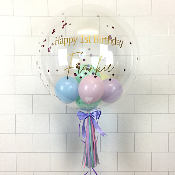 COLLECTION ONLY - Clear Bubble - Pastel Pink, Green, Blue, Yellow, Lilac Balloons - Pink Confetti - Gold Message