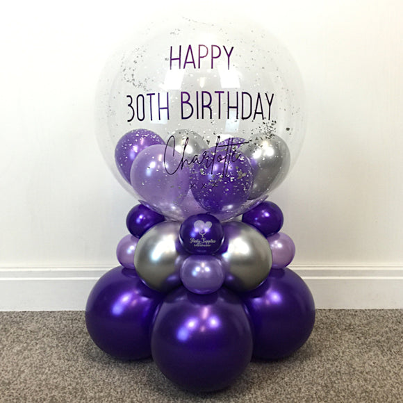 COLLECTION ONLY - 2 Tier Globe Purple, Silver & Lilac Balloons & Silver Leaf, Purple Message
