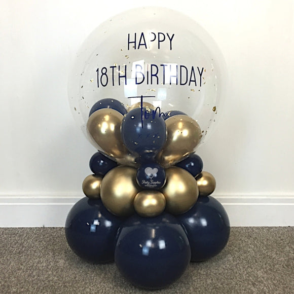 COLLECTION ONLY - 2 Tier Globe Navy & Gold Balloons & Gold Leaf, Navy Message