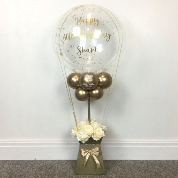 COLLECTION ONLY - Clear Bubble Balloon Filled with Gold Leaf & Gold Personalised Message, Dressed with Cream Handmade Ribbon Roses