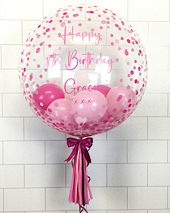 COLLECTION ONLY - Pink Confetti Bubble - 2 Shades of Pink & White Balloons- Pink Message