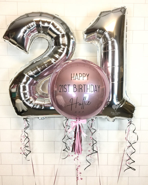 COLLECTION ONLY - Personalised Pink Orbz Balloon, 2 Large Silver Numbers