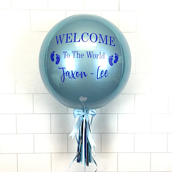 COLLECTION ONLY - Baby Blue Orbz Balloon, Personalised with a Blue Message Dressed with Tassel, Bow & Weight