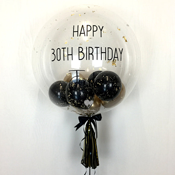 COLLECTION ONLY - Clear Bubble - Black & Chrome Gold Balloons - Gold Leaf - Black Message