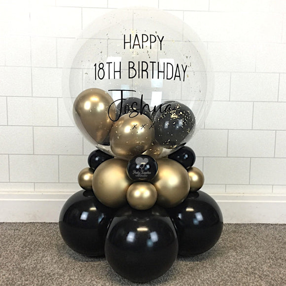 COLLECTION ONLY - 2 Tier Globe Gold & Black Balloons & Gold Leaf, Black Message