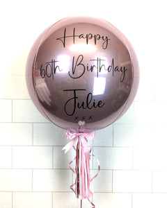 COLLECTION ONLY - Pink Orbz Balloon, Personalised with a Black Message Dressed with Tassel, Bow & Weight