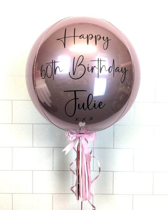 COLLECTION ONLY - Pink Orbz Balloon, Personalised with a Black Message Dressed with Tassel, Bow & Weight