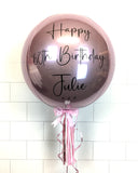 COLLECTION ONLY - Pink Orbz Balloon, Personalised with a Black Message Dressed with Tassel, Bow & Weight
