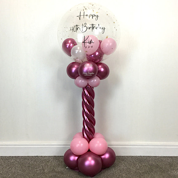 COLLECTION ONLY - Pink & White Twisted Tower Topped with a Clear Bubble filled with Balloons & Gold Leaf - Black Message