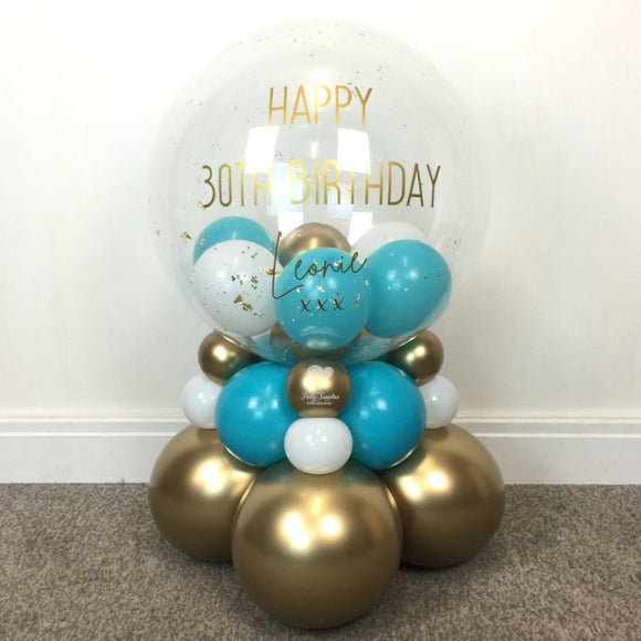 COLLECTION ONLY - 2 Tier Globe Blue, Gold & White Balloons & Gold Leaf, Gold Message