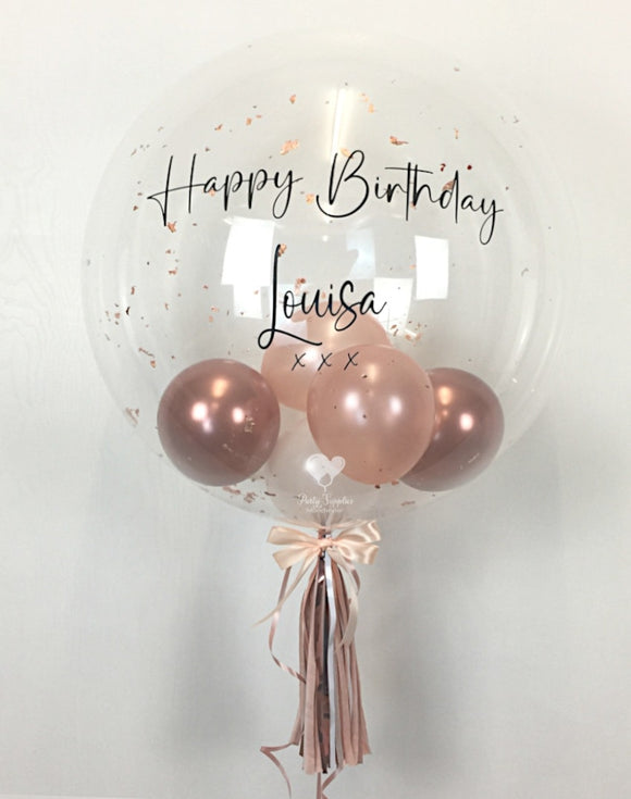COLLECTION ONLY - Clear Bubble - 2 Shades of Rose Gold, White Balloons - Rose Gold Leaf - Black Message