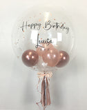 COLLECTION ONLY - Clear Bubble - 2 Shades of Rose Gold, White Balloons - Rose Gold Leaf - Black Message