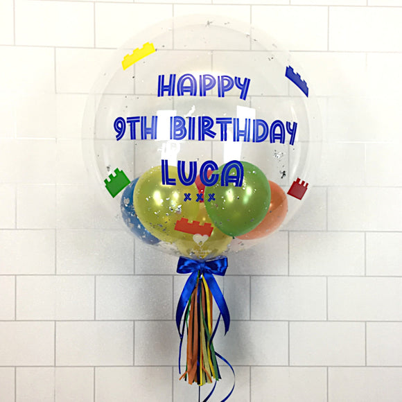 COLLECTION ONLY - Building Blocks Clear Bubble - Red, Blue, Green Yellow, Orange & Yellow Balloons - Silver Leaf - Blue Message