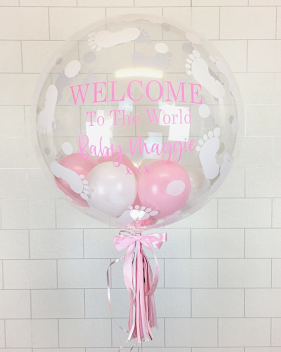 COLLECTION ONLY - Baby Footprint Bubble - Pink, White Balloons - Pink Message