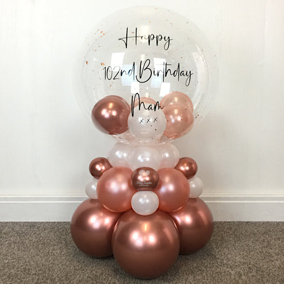 COLLECTION ONLY - 3 Tier Globe Rose Gold & White Balloons & Rose Gold Leaf, Black Message