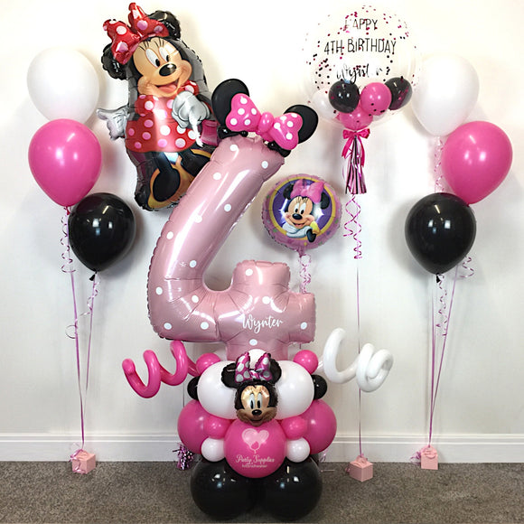 COLLECTION ONLY - Number Tower Personalised with a Name & White Spot Design, Minnie Mouse Standard Foil, 1 Minnie Supershape,  2 Clusters, 1 Personalised Bubble