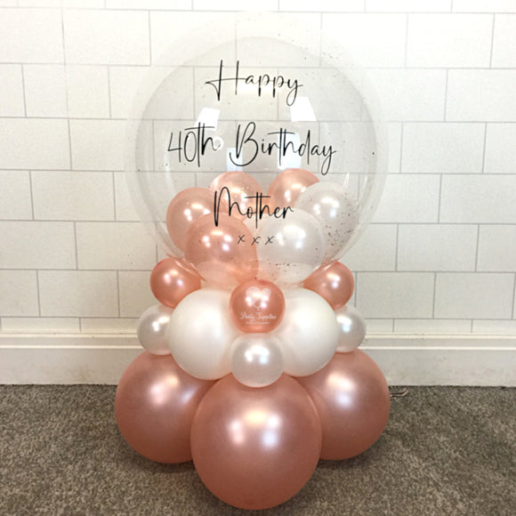 COLLECTION ONLY - 2 Tier Globe Rose Gold & White Balloons & Rose Gold Leaf, Black Message