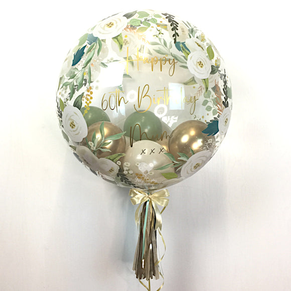 COLLECTION ONLY - Floral Print Bubble - Green, Cream & Gold Balloons - Gold Message