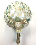 COLLECTION ONLY - Floral Print Bubble - Green, Cream & Gold Balloons - Gold Message