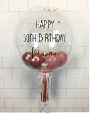 COLLECTION ONLY - Clear Bubble - Rosewood & Rose Gold Balloons - Rose Gold Leaf - Black Message