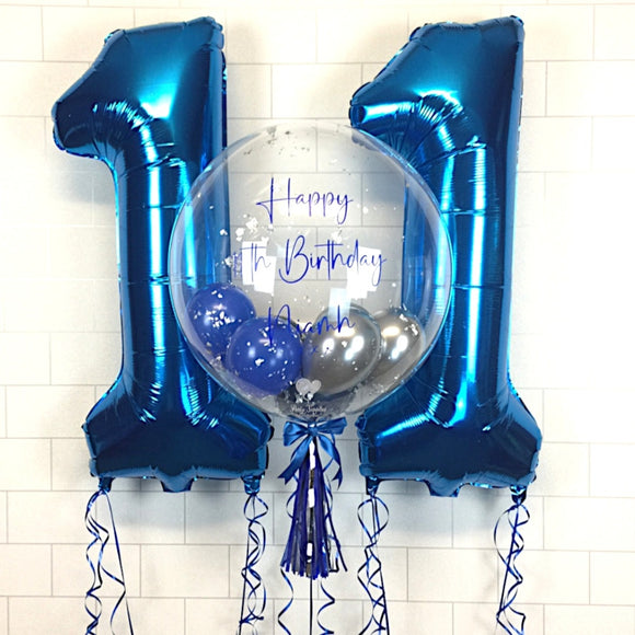 COLLECTION ONLY - Clear Bubble - Royal Blue & Silver Balloons - Silver Leaf - Blue Message + 2 Helium Filled Large Blue Numbers