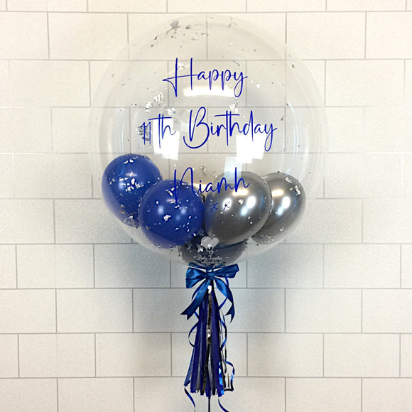 COLLECTION ONLY - Clear Bubble - Royal Blue & Silver Balloons - Silver Leaf - Blue Message