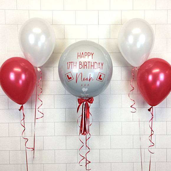 COLLECTION ONLY - White Orbz Balloon, Personalised with a Red Message Dressed with Tassel, Bow & Weight + 2 Clusters of 2 Balloons