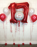 COLLECTION ONLY - White Orbz Balloon, Personalised with a Red Message Dressed with Tassel, Bow & Weight + 2 Large Numbers + 2 Clusters of 2 Balloons