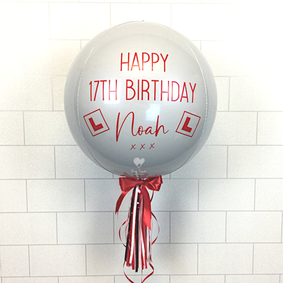 COLLECTION ONLY - White Orbz Balloon, Personalised with a Red Message Dressed with Tassel, Bow & Weight