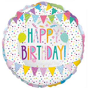 COLLECTION ONLY -  1 Happy Birthday Patchwork Standard Foil Balloon Filled with Helium & Dressed with Ribbon & Weight