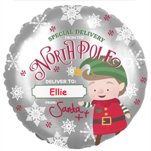 COLLECTION ONLY - 1 North Pole Special Delivery Personalised Foil Balloon Filled with Helium & Dressed with Ribbon & Weight