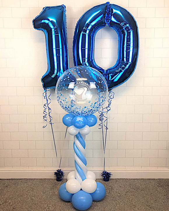 COLLECTION ONLY - Blue & White Twisted Tower Topped with a Blue Confetti Print Bubble filled with Balloons  - White Logo + 2 Blue Helium Filled Numbers