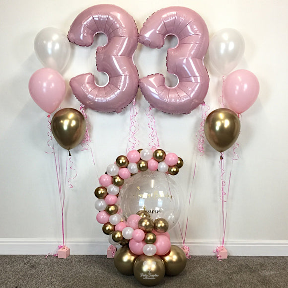 COLLECTION ONLY - Pink, Gold & White Bubble Garland - Gold Message - Gold Leaf + 2 Pink Numbers + 2 Balloon Clusters