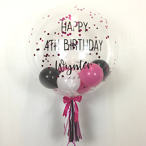 COLLECTION ONLY - Clear Bubble - Pink, Black & White Balloons - Pink & Black Confetti - Black Message