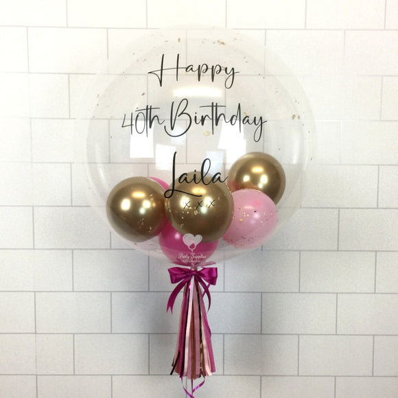 COLLECTION ONLY - Clear Bubble - Pink & Gold Balloons - Gold Leaf - Black Message