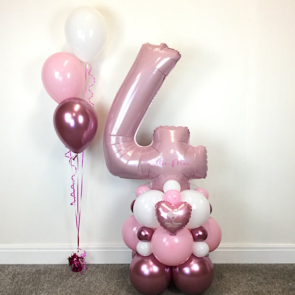 COLLECTION ONLY - Pink Number Tower Personalised with a Name + 3 Balloon Cluster