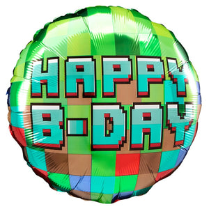 COLLECTION ONLY - 1 Happy Birthday Pixel Foil Balloon Filled with Helium & Dressed with Ribbon & Weight