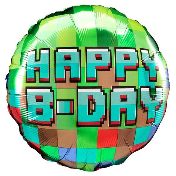 COLLECTION ONLY - 1 Happy Birthday Pixel Foil Balloon Filled with Helium & Dressed with Ribbon & Weight