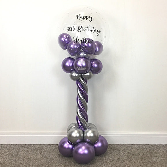 COLLECTION ONLY - Purple & Silver Twisted Tower Topped with a Clear Bubble filled with Balloons & Silver Leaf - Black Message
