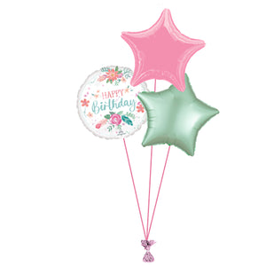 COLLECTION ONLY - Happy Birthday Free Spirit Foil Balloon Bouquet Filled with Helium & Dressed with Ribbon & Weight