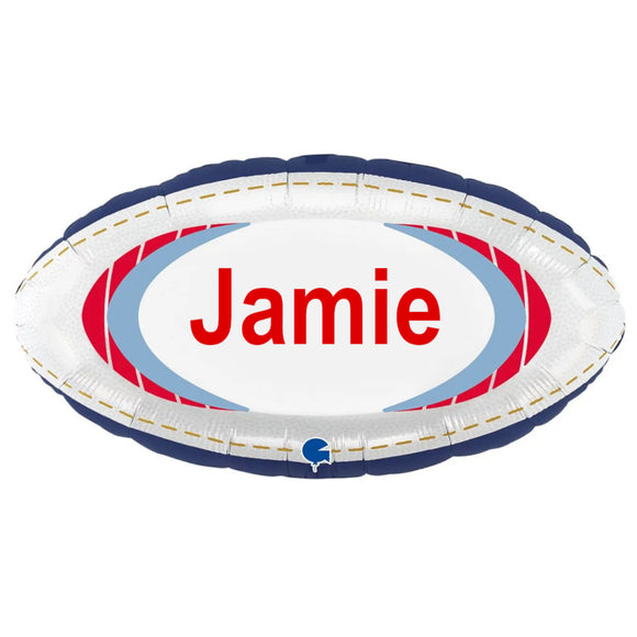 COLLECTION ONLY - 1 Personalised Rugby Ball Standard Foil Balloon Filled with Helium & Dressed with Ribbon & Weight