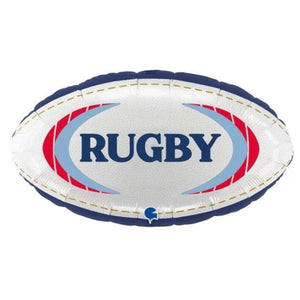 COLLECTION ONLY - 1 Rugby Ball Standard Foil Balloon Filled with Helium & Dressed with Ribbon & Weight