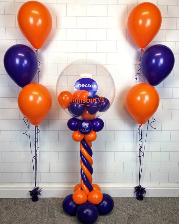 COLLECTION ONLY - Purple & Orange Twisted Tower Topped with a Clear Bubble filled with Balloons  - Purple & Orange Logo + 2 Balloon Clusters of 3