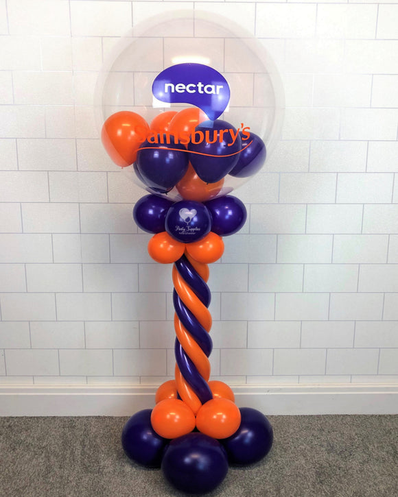 COLLECTION ONLY - Purple & Orange Twisted Tower Topped with a Clear Bubble filled with Balloons  - Purple & Orange Logo
