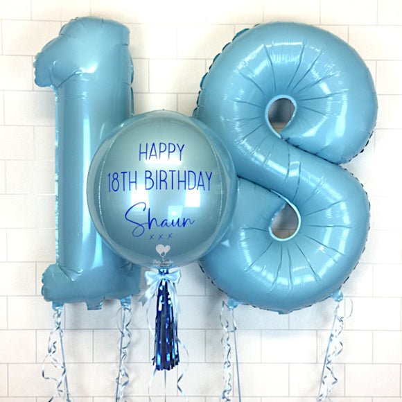 COLLECTION ONLY - Baby Blue Orbz Balloon, Personalised with a Blue Message Dressed with Tassel, Bow & Weight + 2 Large Baby Blue Helium Filled Numbers