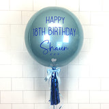 COLLECTION ONLY - Baby Blue Orbz Balloon, Personalised with a Blue Message Dressed with Tassel, Bow & Weight + 2 Large Baby Blue Helium Filled Numbers