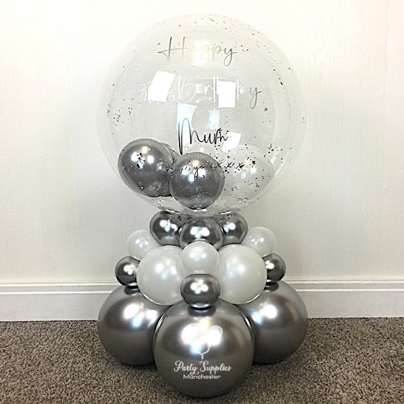 COLLECTION ONLY - 3 Tier Globe Silver & White Balloons & Silver Leaf, Silver Message