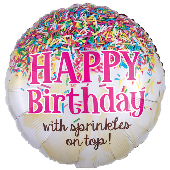 COLLECTION ONLY - 1 Happy birthday with Sprinkles on Top Standard Foil Balloon Filled with Helium & Dressed with Ribbon & Weight
