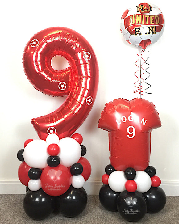 COLLECTION ONLY - Red, Black & White Personalised Football T-Shirt Tower, 1 Standard Foil & 1 Football Number Tower